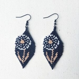 Handmade White & Black Dandelion Glass Beaded Earrings